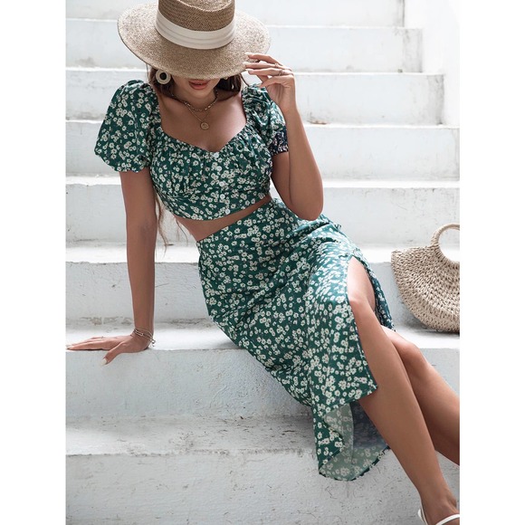 two piece skirt set: Floral Puff Sleeve Crop Top & Split Thigh midi Skirt green - Picture 5 of 5
